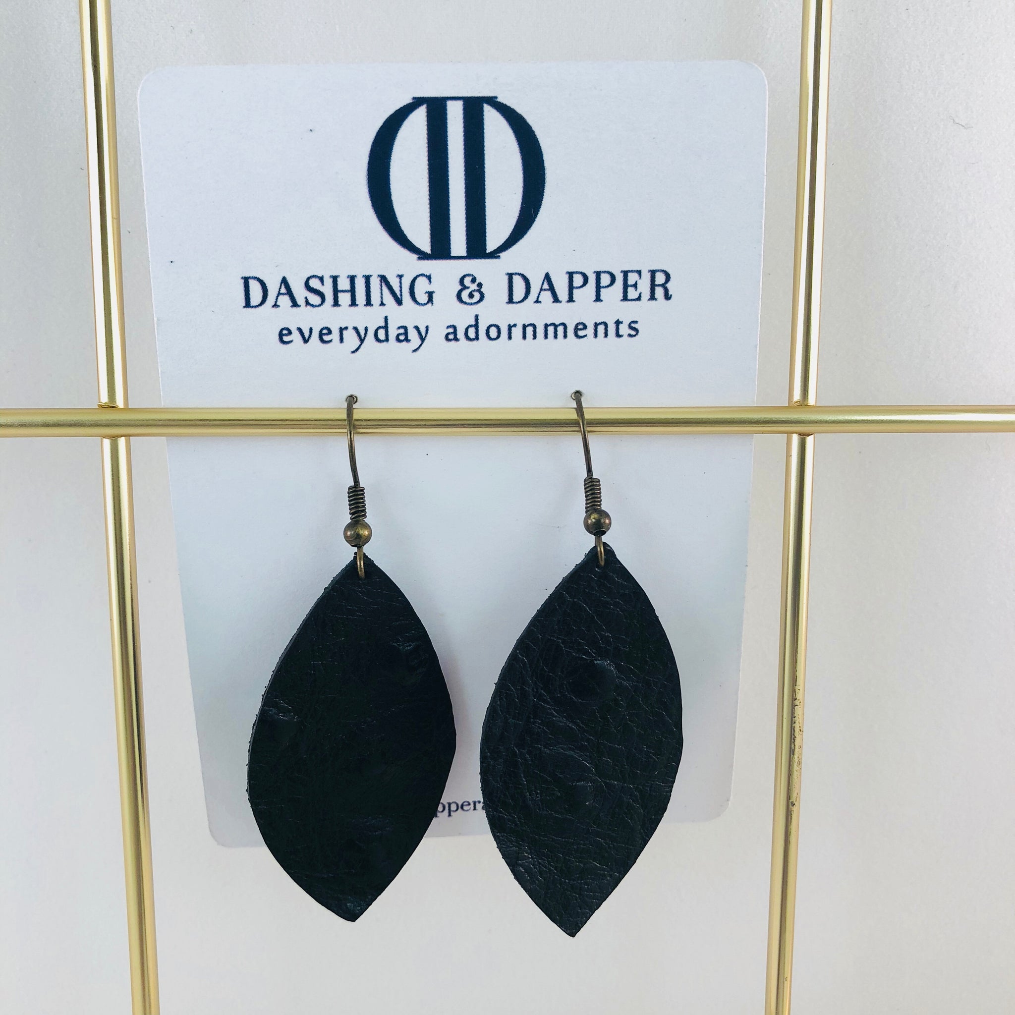 Black Ostrich Small Drop Leather Earrings