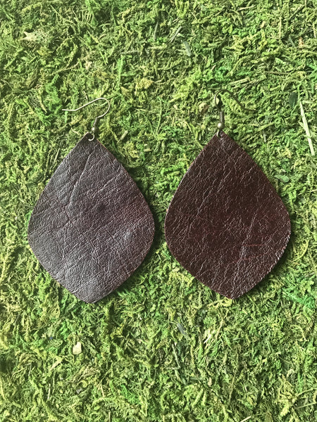 Dark Brown Large Leaf Leather Earrings