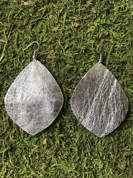 Silver Large Leaf Leather Earrings