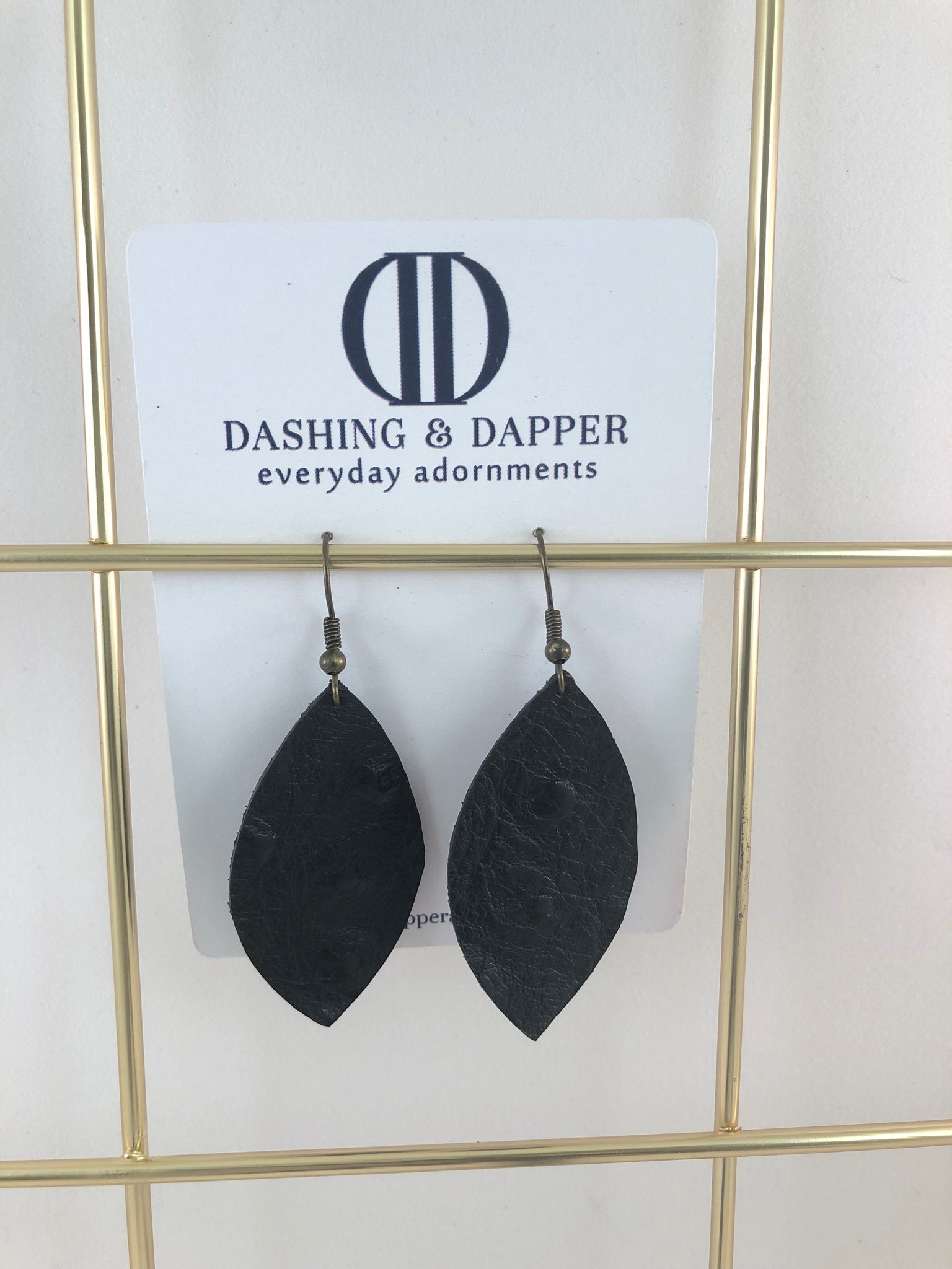 Black Ostrich Small Drop Leather Earrings